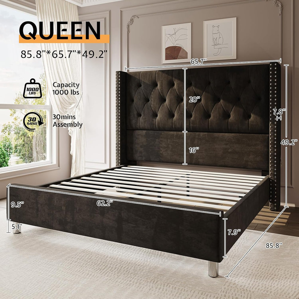 PaPaJet Queen Velvet Bed Frame with 49.2" Tall Wingback Headboard, Black