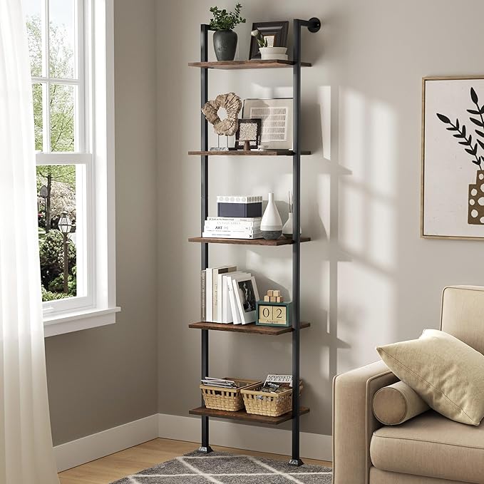 Axeman 5-Tier Ladder Shelf, Tall Narrow Bookcase for Small Spaces, Book Stora...