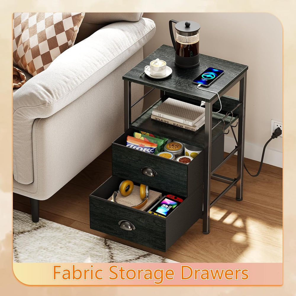 Furologee Nightstand with Charging Station, 2 Fabric Drawers, Black Oak | Nig...