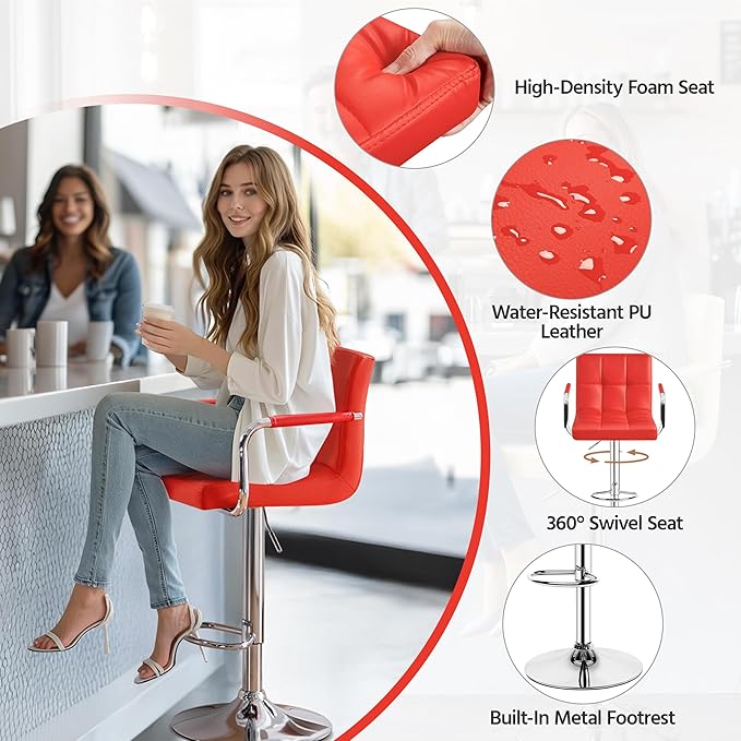 Yaheetech Bar Stools Set of 2, PU Leather Adjustable Swivel Barstools, Hydrau...