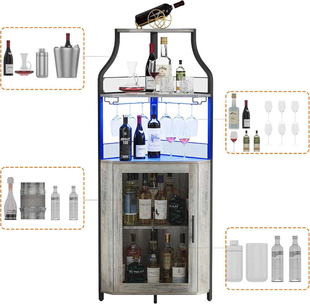GAOMON Corner Bar Cabinet with LED Strip and Glass Holder, Industrial Wine Ca...