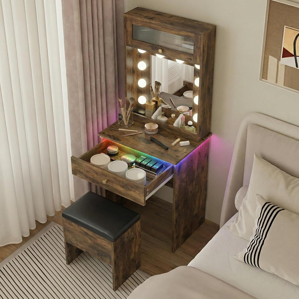ARTETHYS Small Vanity with Mirror & RGB Light Rustic Makeup Set for Bedro...