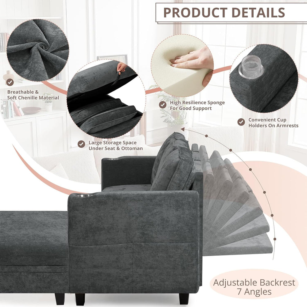 110" Chenille U-Shape Sofa w/& Adjustable Backrests, Grey | Upholste...