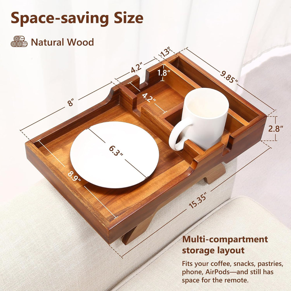 Couch Arm Table with Dual Cup Holders, Acacia Wood Sofa Arm Tray | Fits armle...