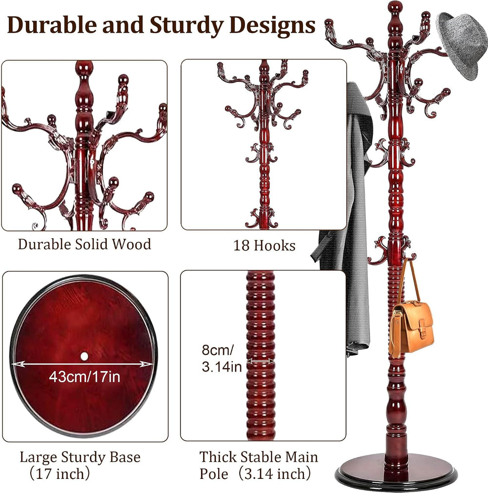 73'' Vintage Coat Racks Freestanding with 18 Hooks, Solid Wood Coat R...