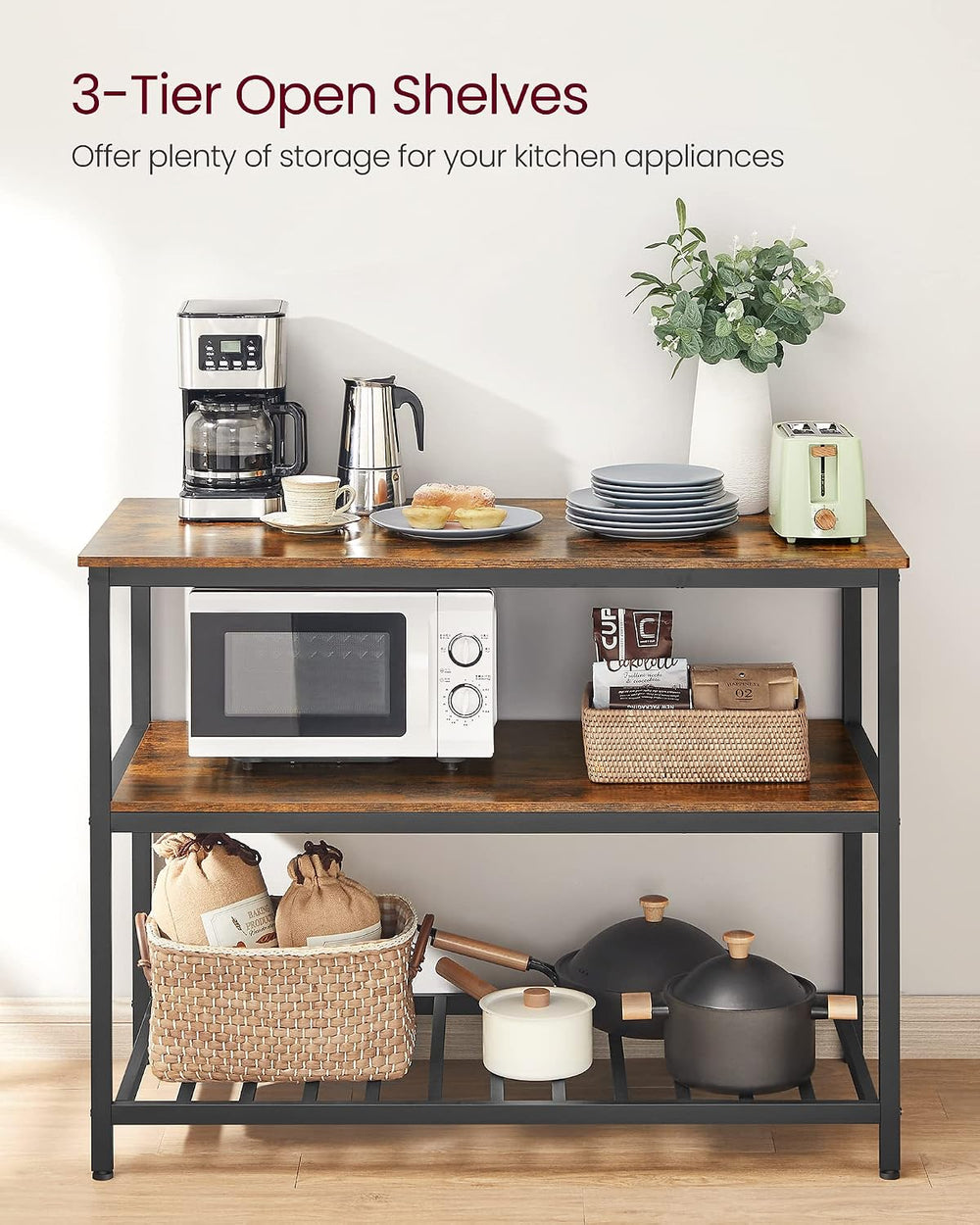 VASAGLE Kitchen Island with 3 Shelves, 47.2 Inches Width Kitchen Shelf with L...