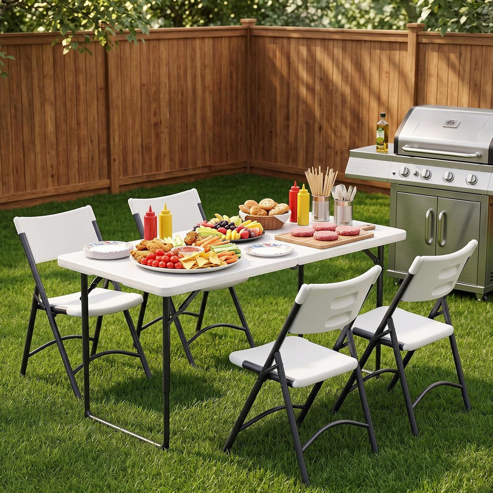 Folding Table and Chairs Set for 4, 4FT Adjustable Height Plastic Folding Tab...