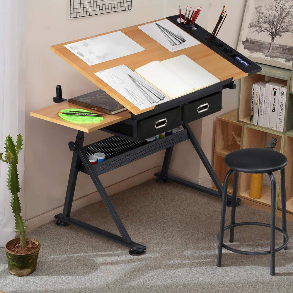 Yaheetech Adjustable Drafting Table Art Desk, Storage Drawers & Stool, Wo...