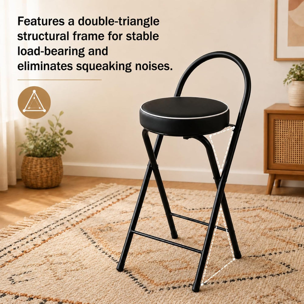 Folding Bar Stool with Backrest Counter Height Chair Padded Seat Cushion Spac...