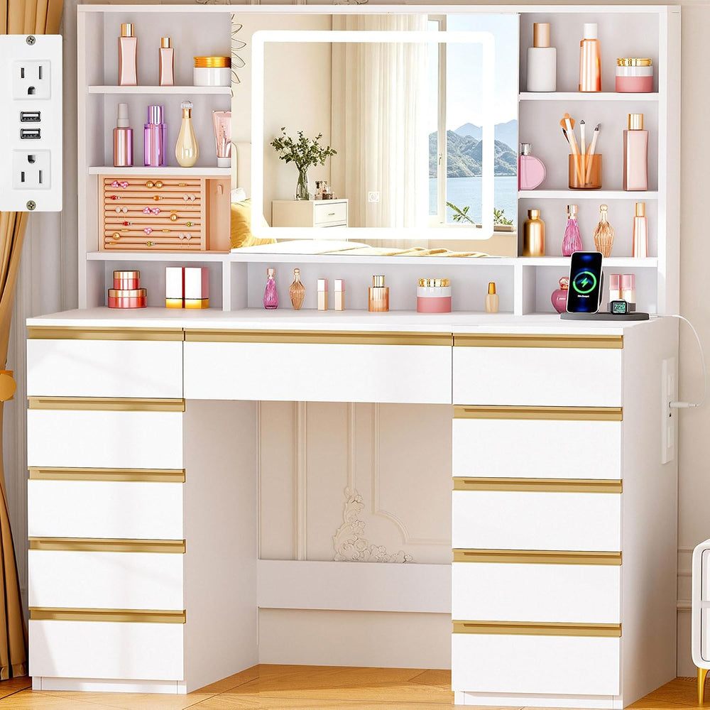 ANWBROAD Large Vanity Desk with Sliding Mirror and Lights& Jewelry Storag...