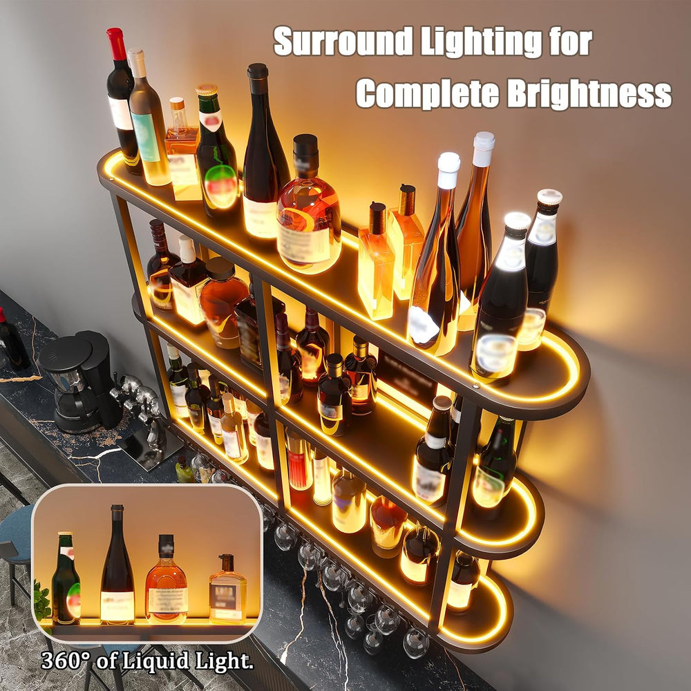 70.8in Wine Rack Wall Mounted - 360° Wrap-Around Curved LED Lights | 3-Tier F...
