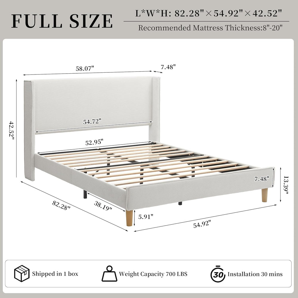Full Corduroy Upholstered Platform Bed with Headboard Wingback, Cream