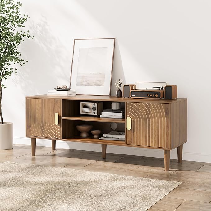Smuxee Walnut TV Stand with Line Groove Design, 47.2" Mid Century Modern...