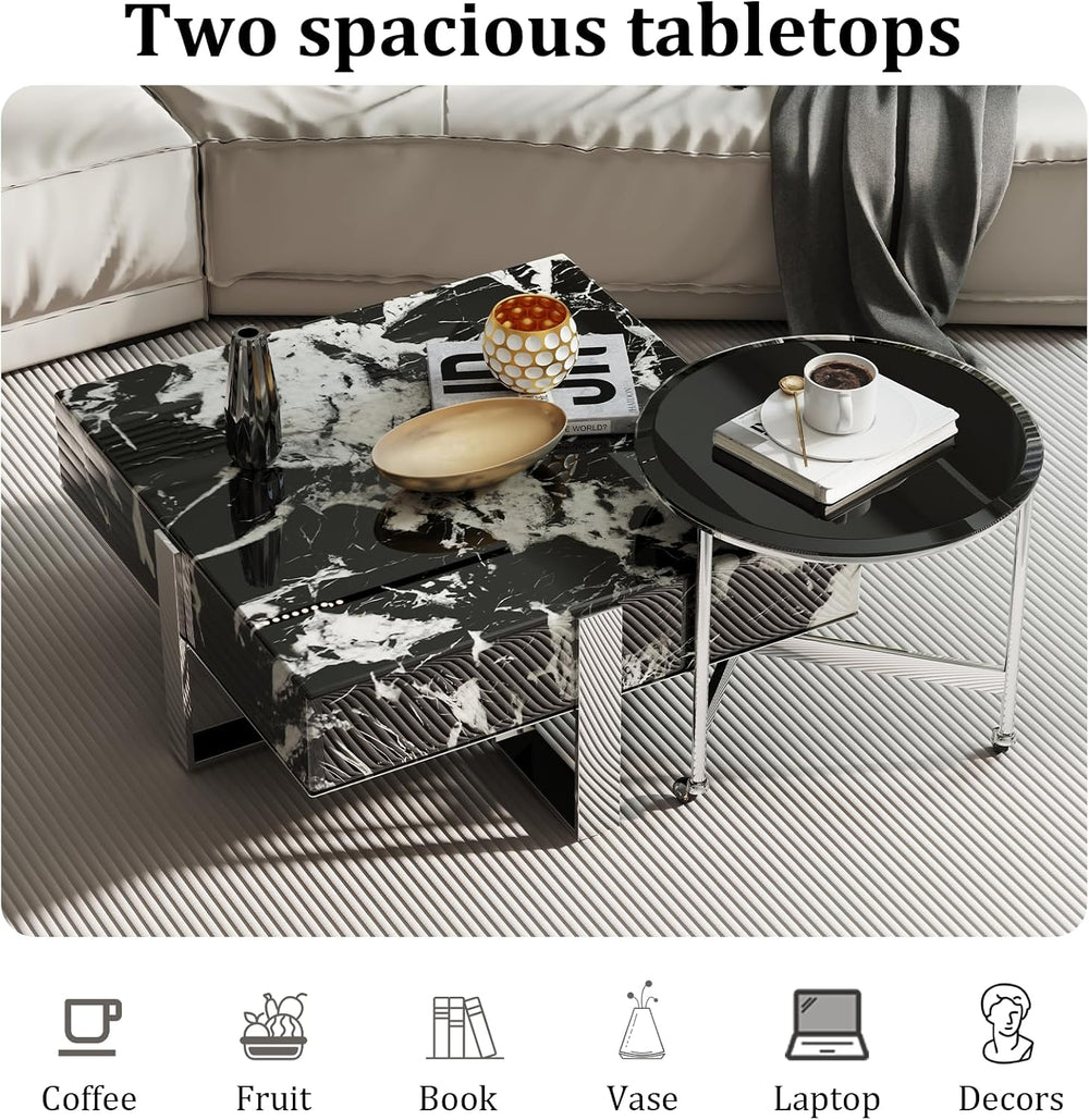 BQueen Modern 2-Piece Luxury Coffee Table Set, Square Black Faux Marble Coffe...