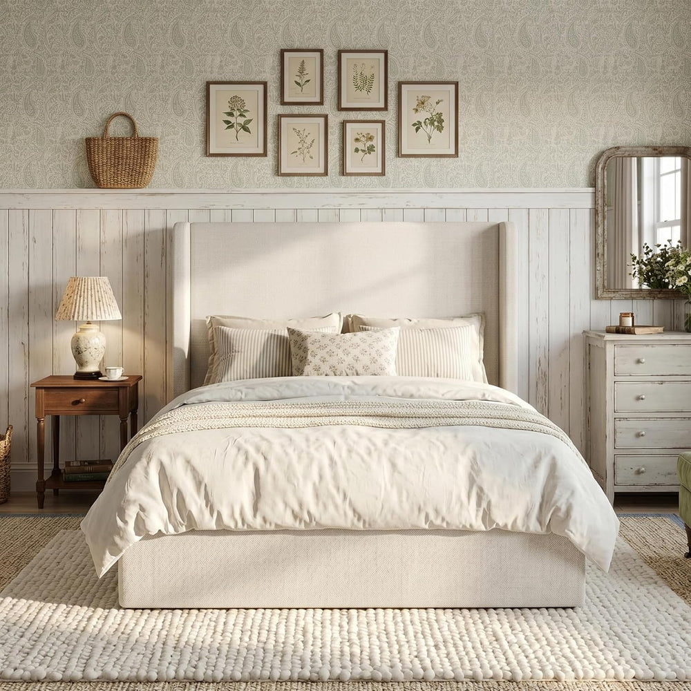 52" Extra-Tall Wingback Bed Frame California King - Luxury Textured Ivor...