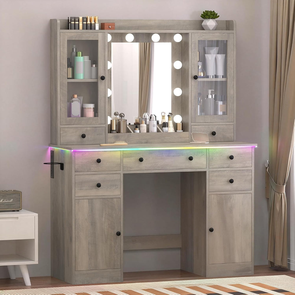 Wodeer Vanity Desk with Mirror and Lights, 43" Grey Makeup Vanity Set wi...
