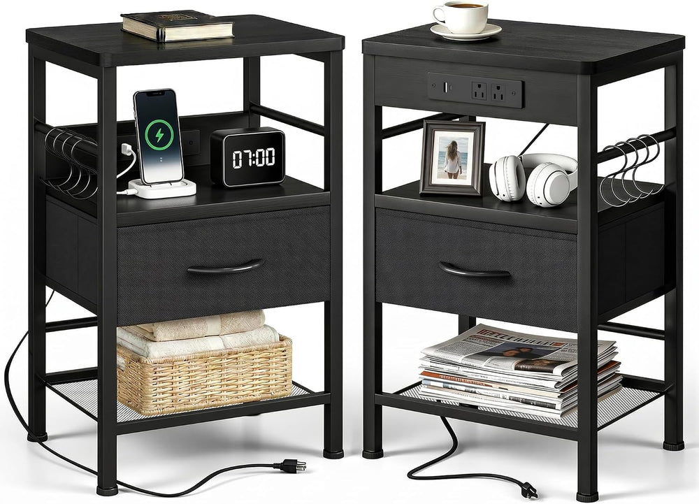 Lazzanto Nightstands Set of 2 with Charging Station, Black Night Stand | 1 Fa...