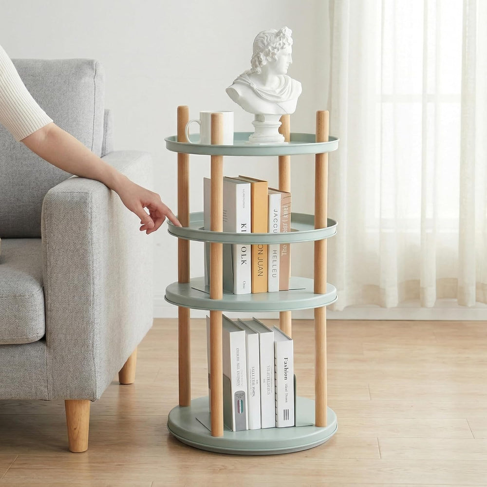 3-Tier Rotating Side Table, Round End Table with Storage Basket & Bookend...
