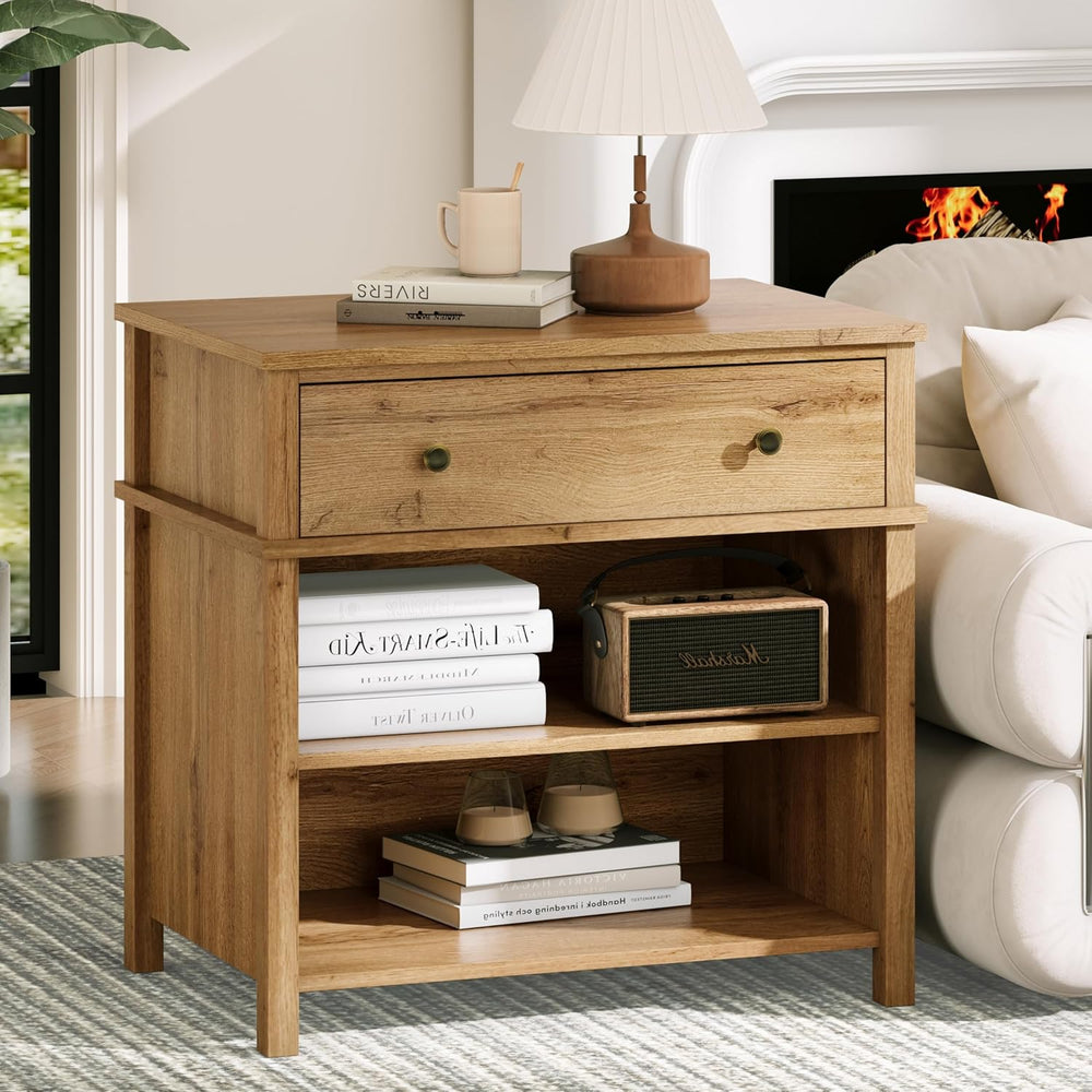 End Table with Drawer and 2 Tier Shelves, Wood Sofa Side Table for Living Roo...