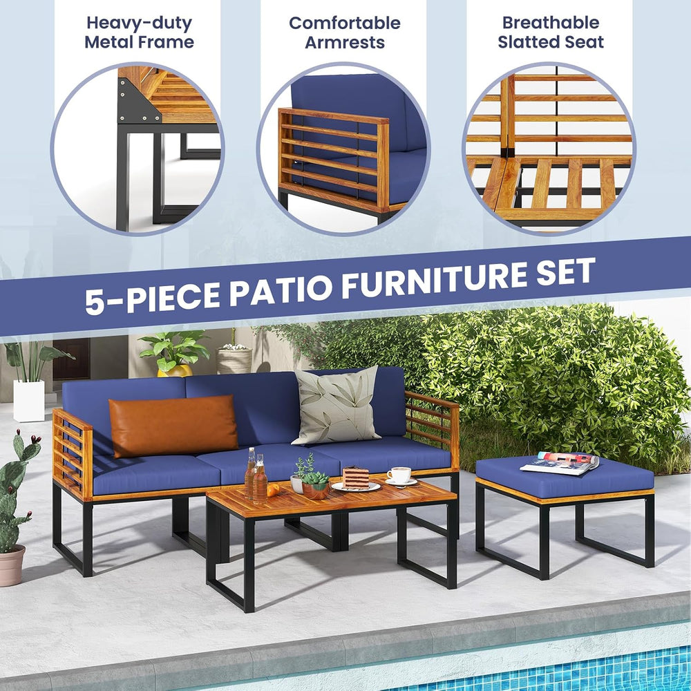 Tangkula 5 Pieces Patio Conversation Set, Acacia Wood Chair Set with Ottoman ...