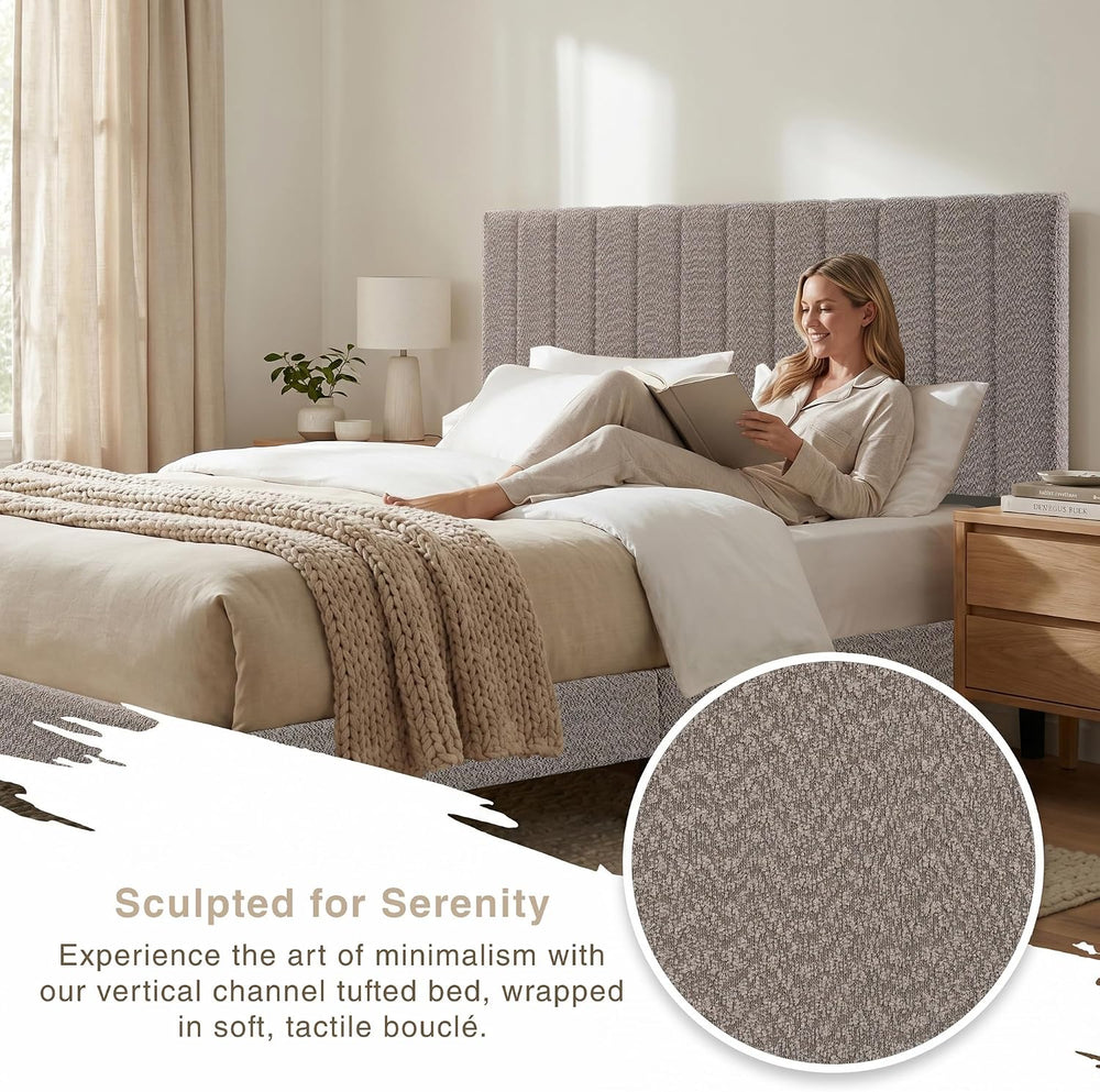 Queen Upholstered Platform Bed Frame, Tufted Channel Headboard, Soft Boucle F...