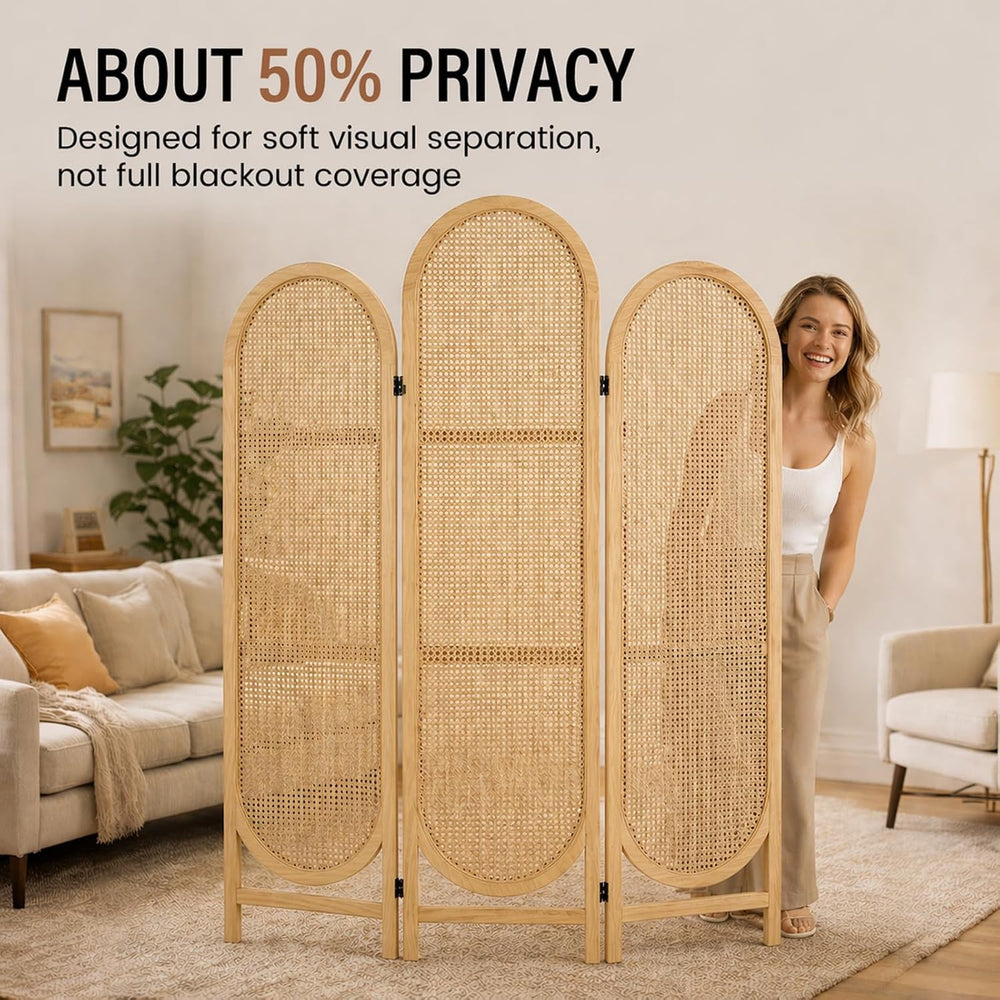 3 Panel Rattan Room Divider Screen, Boho Folding Privacy Screen