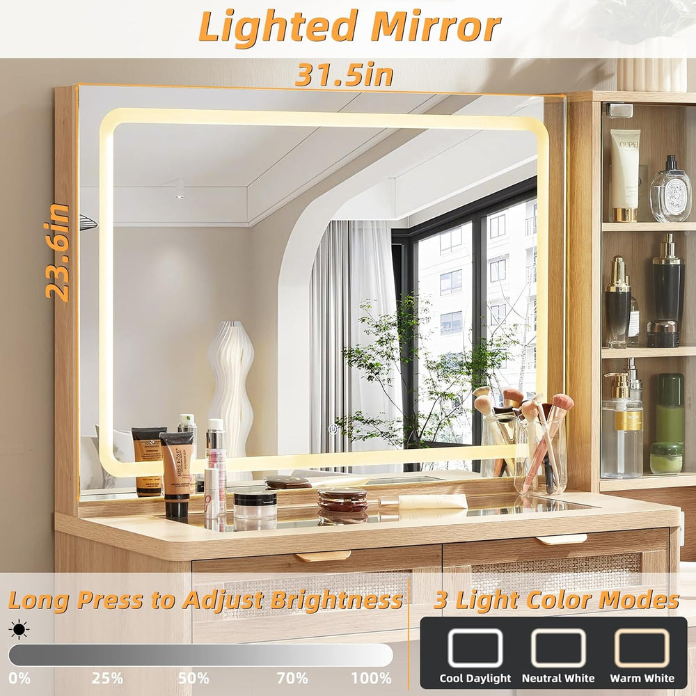 LEYAOYAO Rattan Makeup Vanity Desk with Stool, Mirror and Lights | Power Outl...