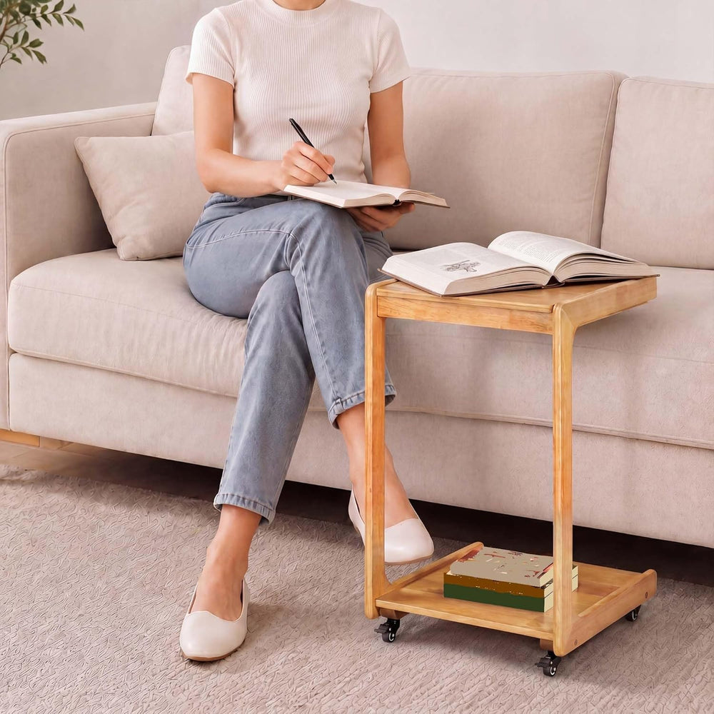 Solid Wood C Shaped End Table, Couch Table with Adjustable Desktop and 2 Lock...