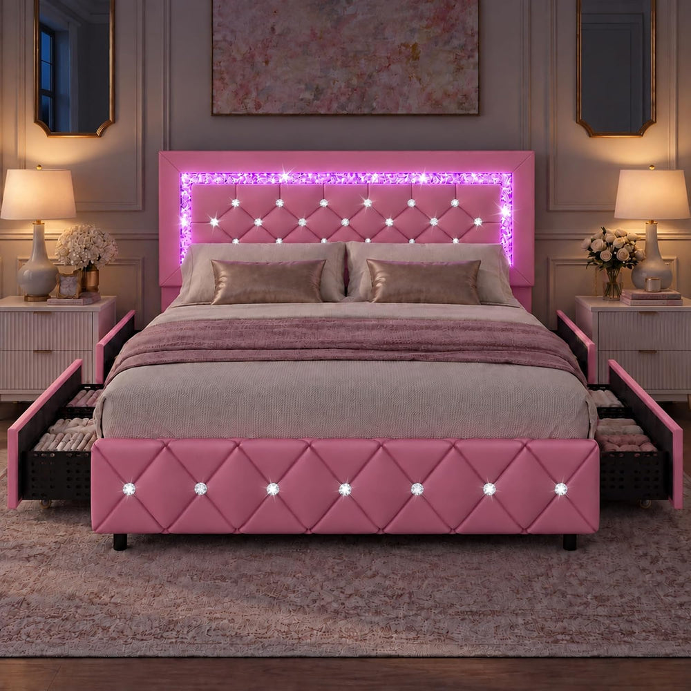BarnFurin Full Size Bed Frame with LED Headboard and Storage Drawers,Pink