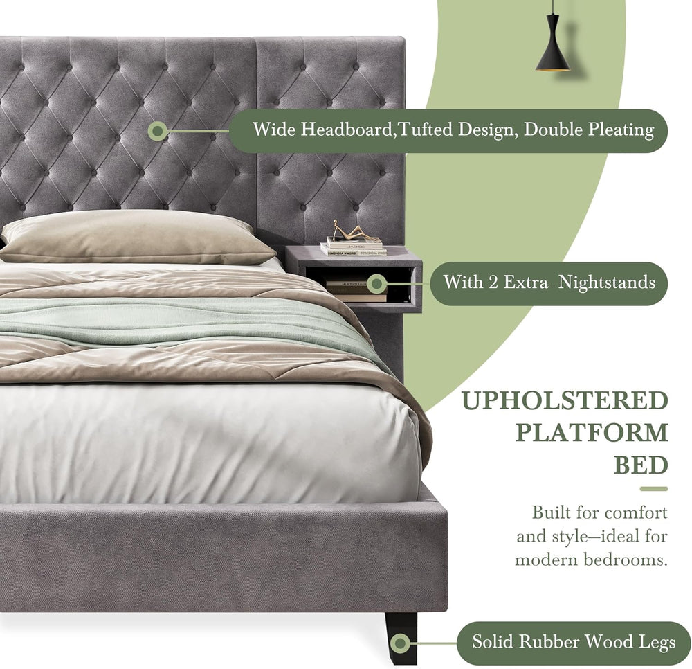 King Size Platform Bed with Headboard, Velvet Upholstered Platform Bed with 2...