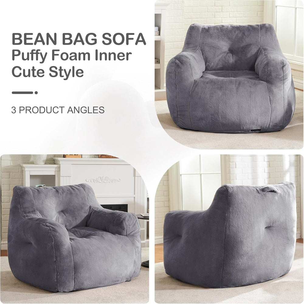 Hobestluk Furry Bean Bag Chair with Arms, Foam Filler for Adult, Grey | Soft ...