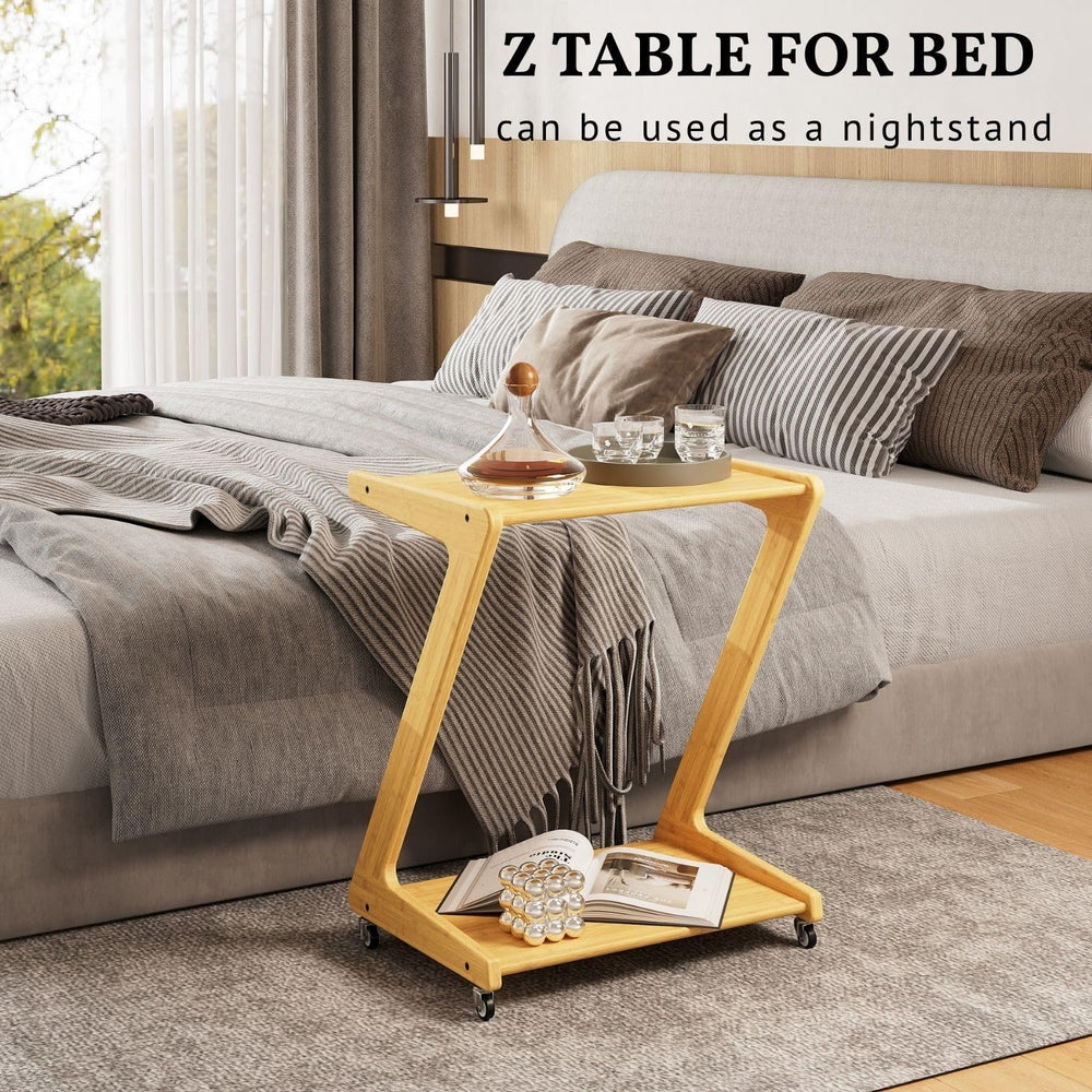 ZIYOO Z-Shaped End Table with Wheels, Natural Bamboo Couch Side Table that Sl...