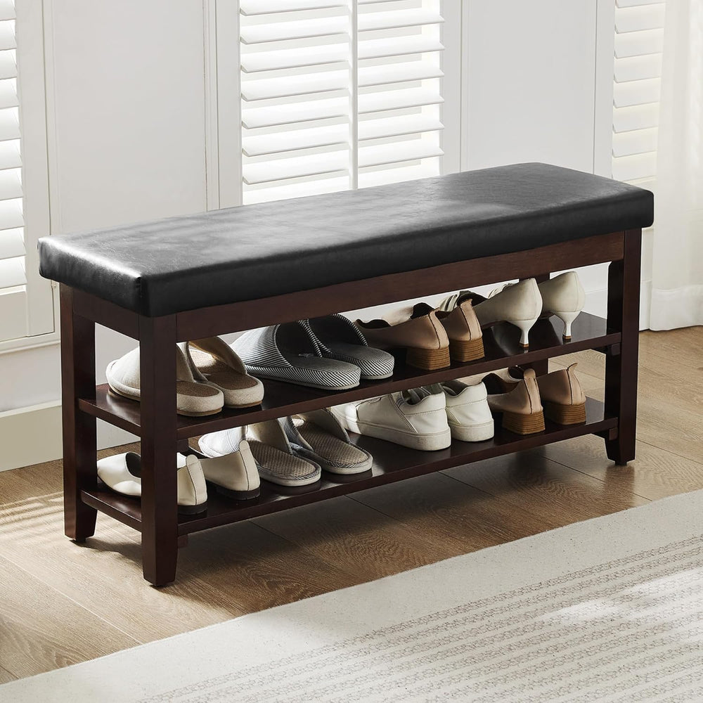 40" Shoe Bench with Leather Cushion, 2-Tier Shoe Rack Entryway Bench, Wo...