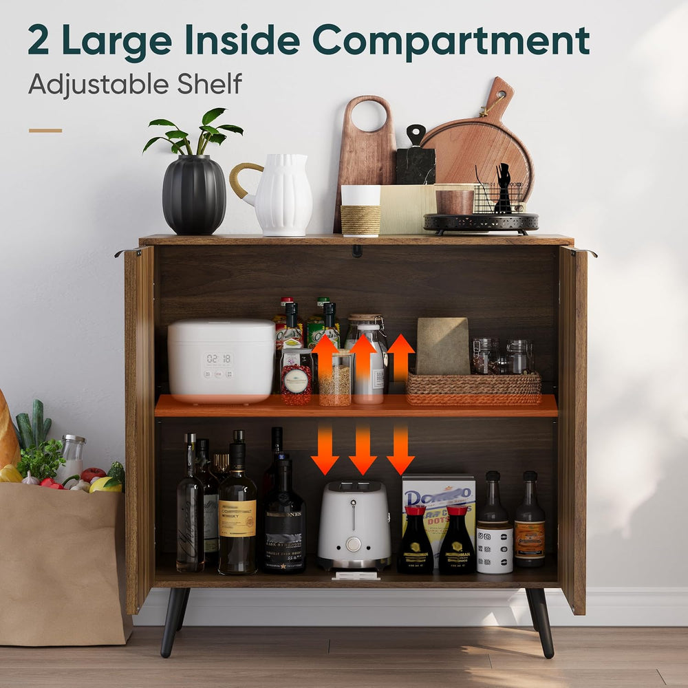 Walnut Buffet Cabinet with Storage, Sideboard Cabinet with Fluted Doors and M...
