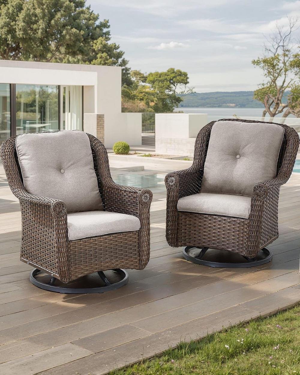 Patio Chairs Outdoor Swivel Glider - Set of 2 High Back Outside Brown Wicker ...