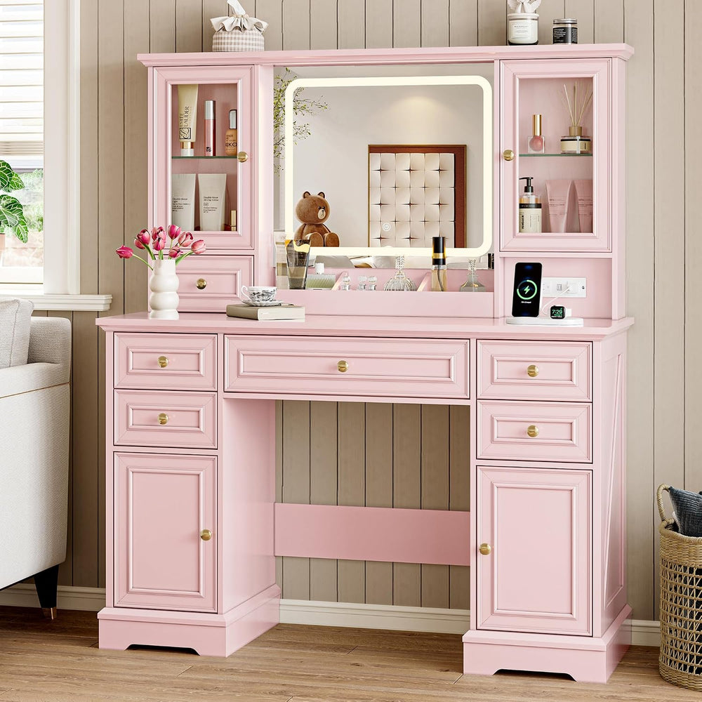 BORNOON Vanity Desk with Lights, Large LED Mirror with 3 Color Modes, Makeup ...