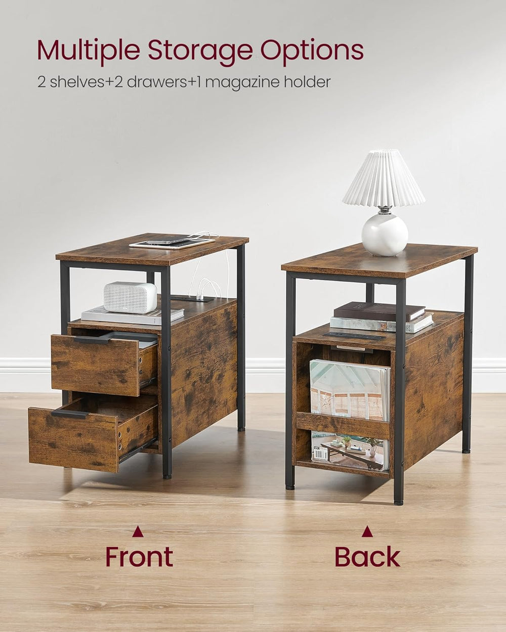 VASAGLE Side End Table with Charging Station, Slim Nightstand with 2 Drawers,...