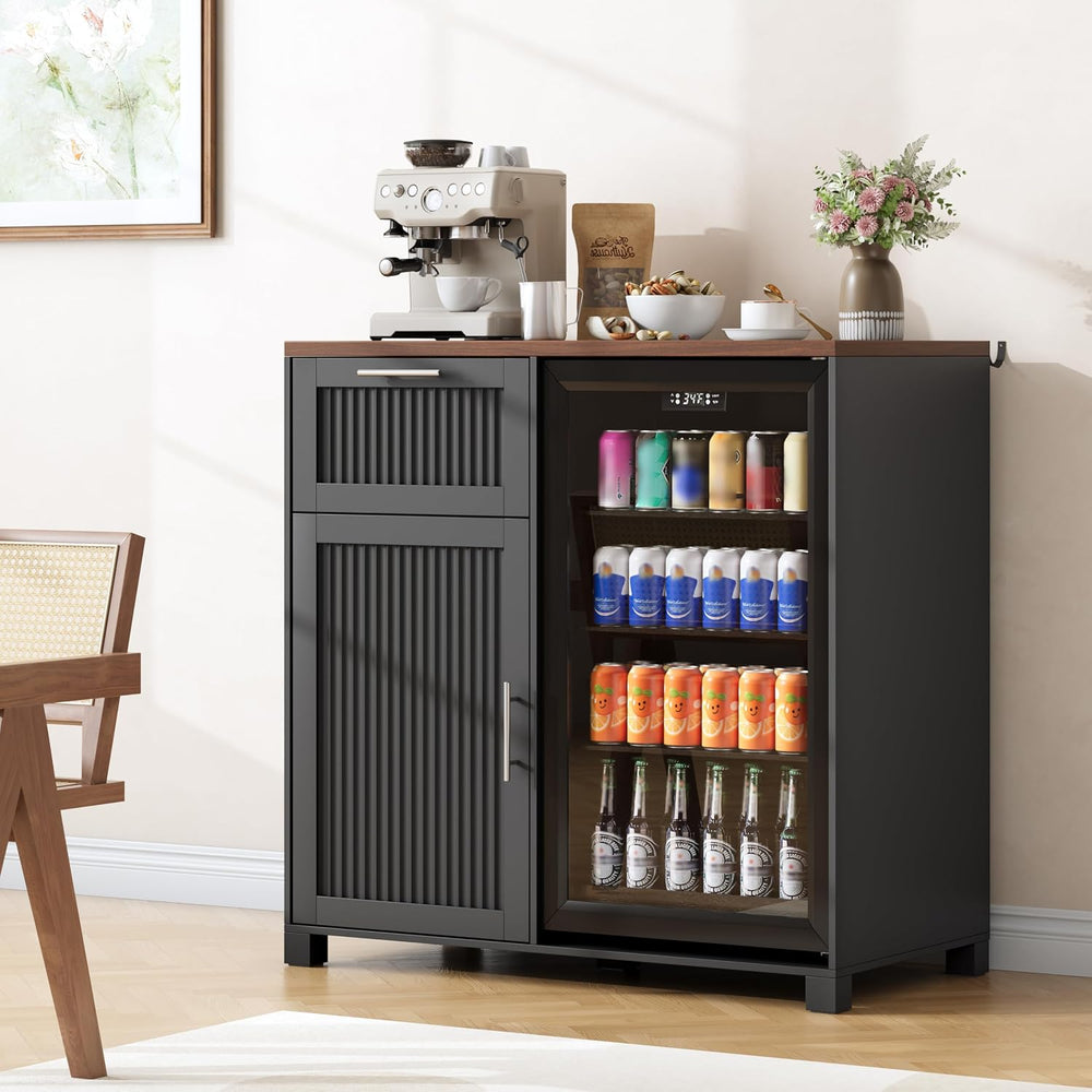 38.6" Long Fluted Mini Fridge Cabinet with Power Outlet & Drawer, Black