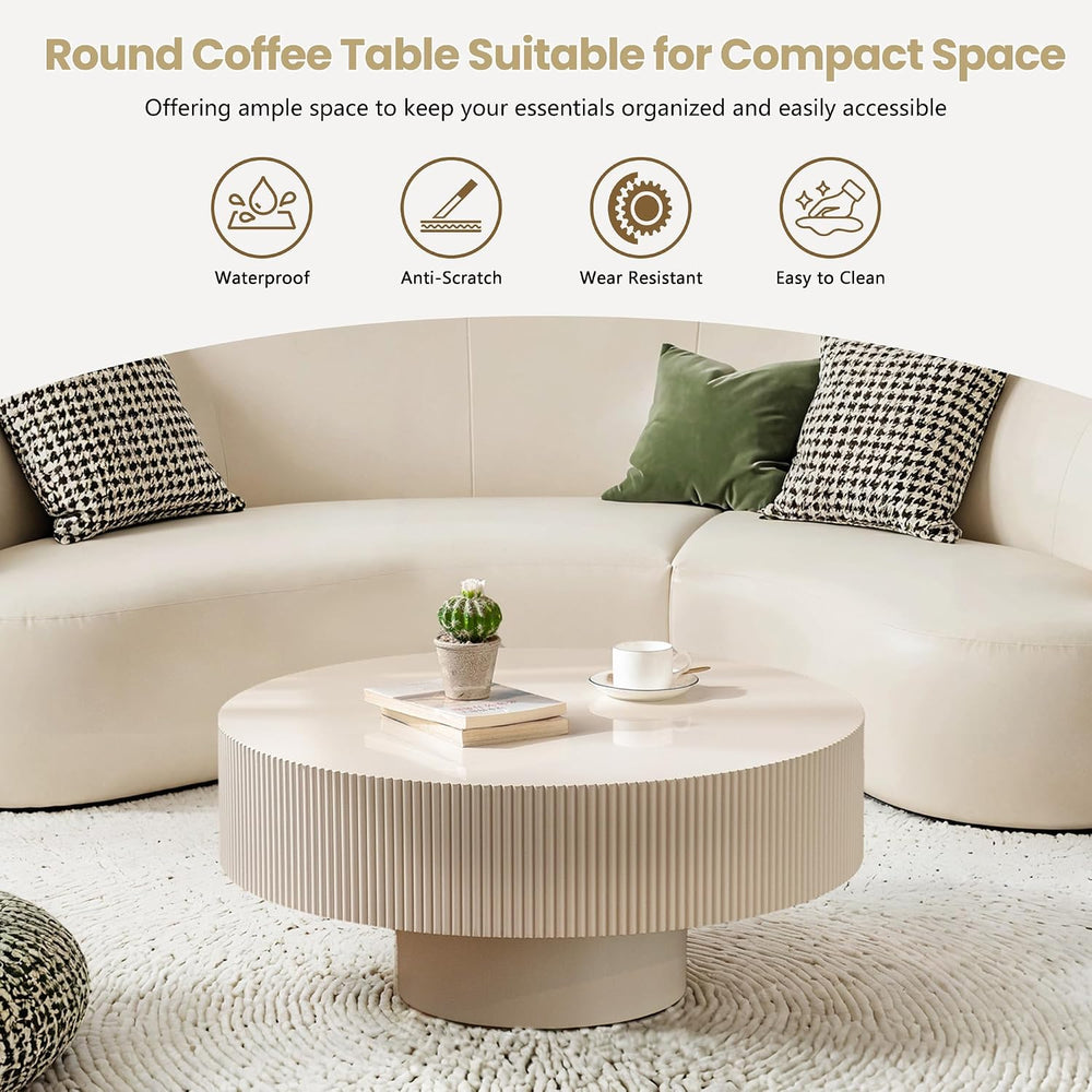 Round Drum Coffee Table with Sturdy Pedestal, Modern Wooden Fluted Coffee Tab...