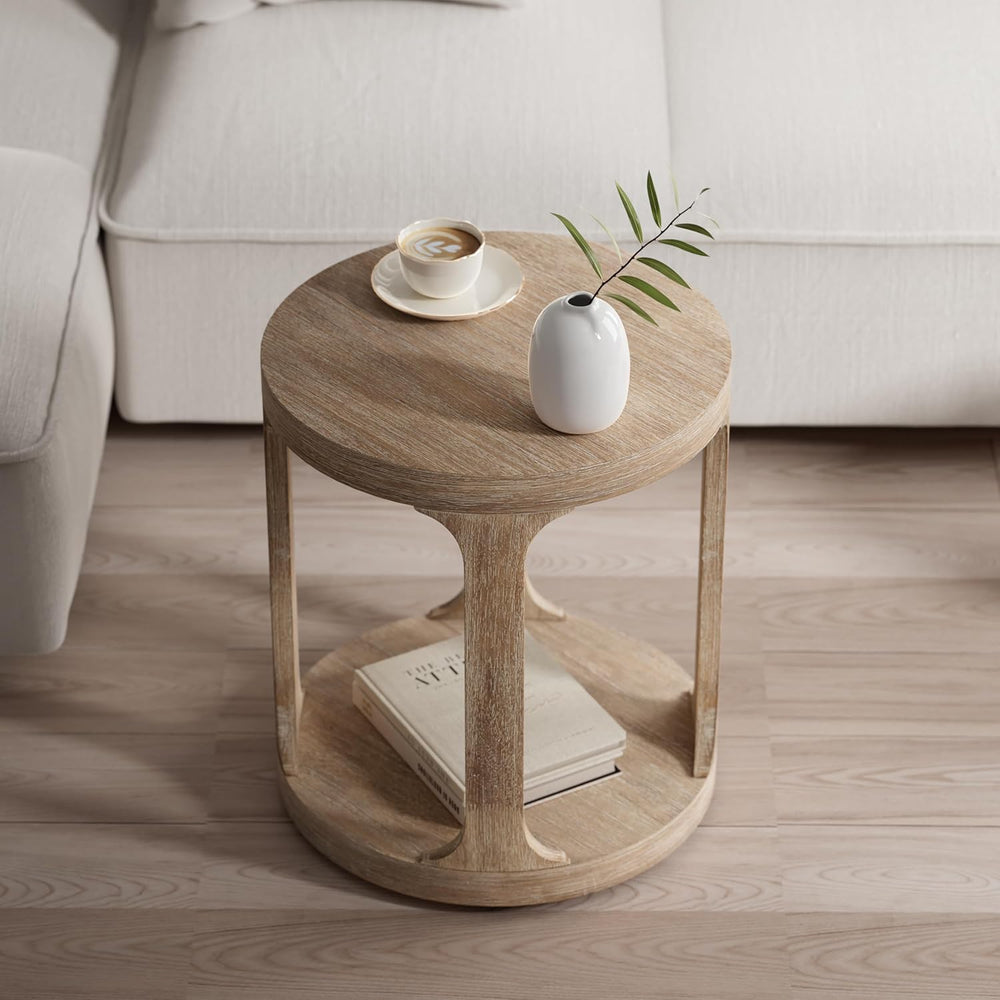 COZAYH Farmhouse Small End Table Wood Round Side Table for Small Space Rustic...
