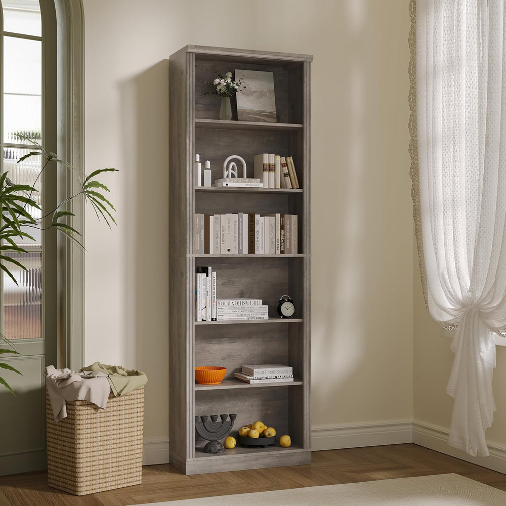 Thacuok Grey Bookshelf, 75" Tall Bookcase, 6 Tier Adjustable Storage She...