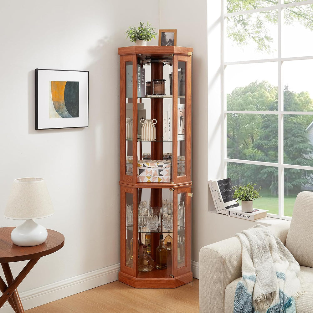Tall Corner Cabinet with Glass Doors, Lighted Glass Display Curio Cabinet wit...