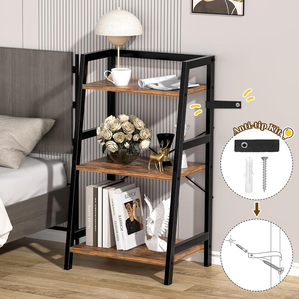 3-Tier Bookshelf, Ladder Shelf, Industrial Bookcase with Steel Frame, Metal S...
