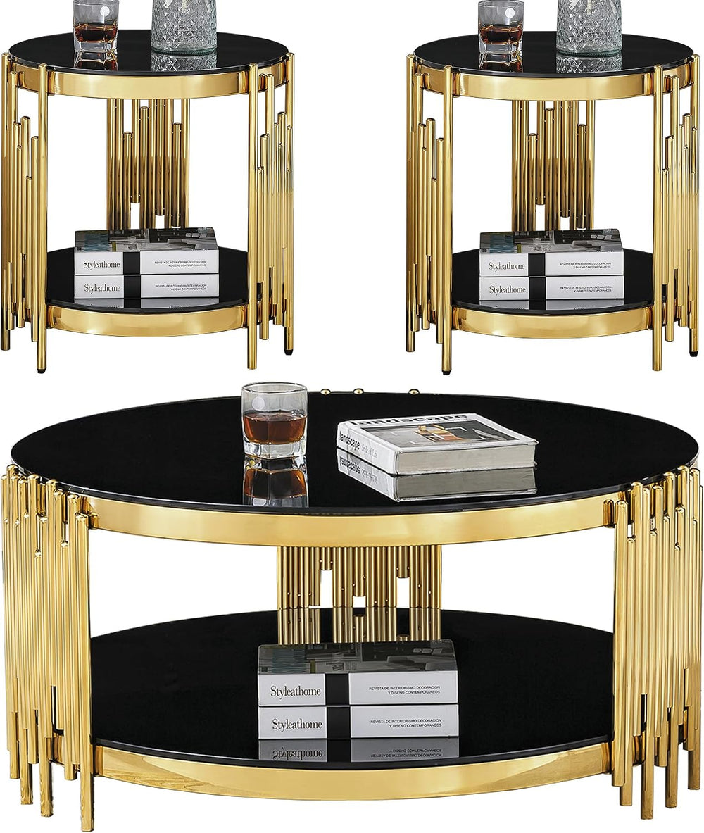 Luxury Glass Circular Coffee Table Set of 3, Black Glass Coffee Table and 2 B...