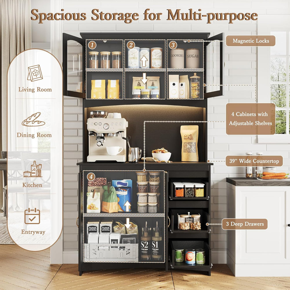 Garvee Kitchen Pantry Cabinet with LED Lights & Charging Station, 71"...