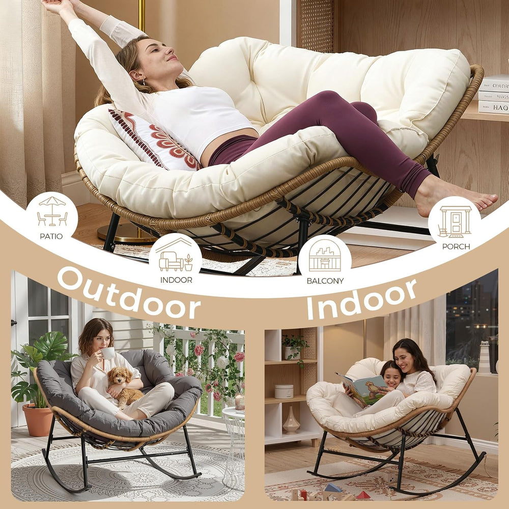 FINCATI Papasan Rocking Chair Indoor Outdooor, Oversized Wicker Recliner with...