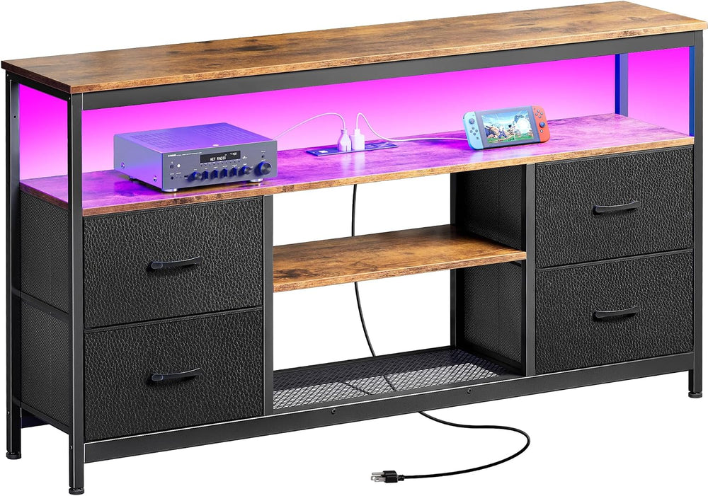 Huuger TV Stand Dresser with Power Outlets and LED Lights, 4 Drawers Entertai...