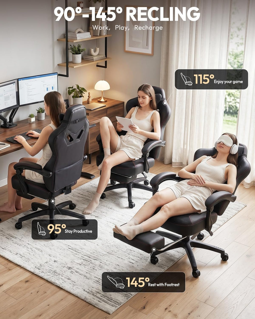 Dowinx Big and Tall Gaming Chair for Adults with Footrest, Massage Lumbar | E...