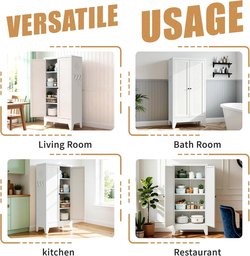 47.3 Inch White Metal Pantry Cabinet Freestanding Storage Organizer with 3 Ad...