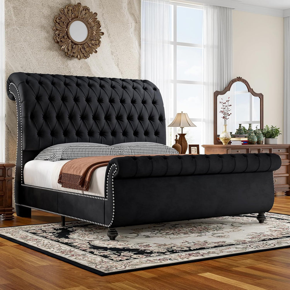 Jocisland Queen Size Bed Frame with Sleigh Headboard & Footboard, Black